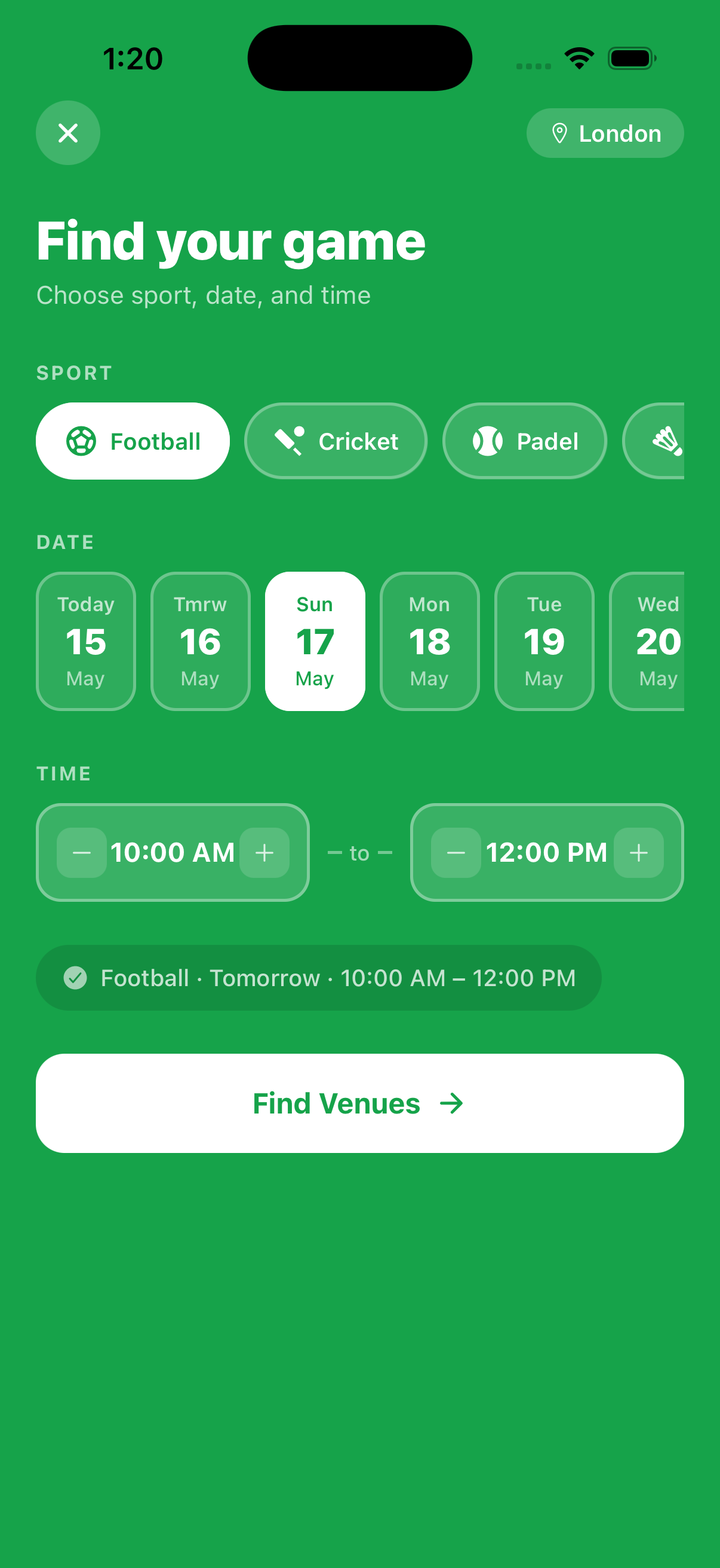 GameOn — pick sport, date, and time