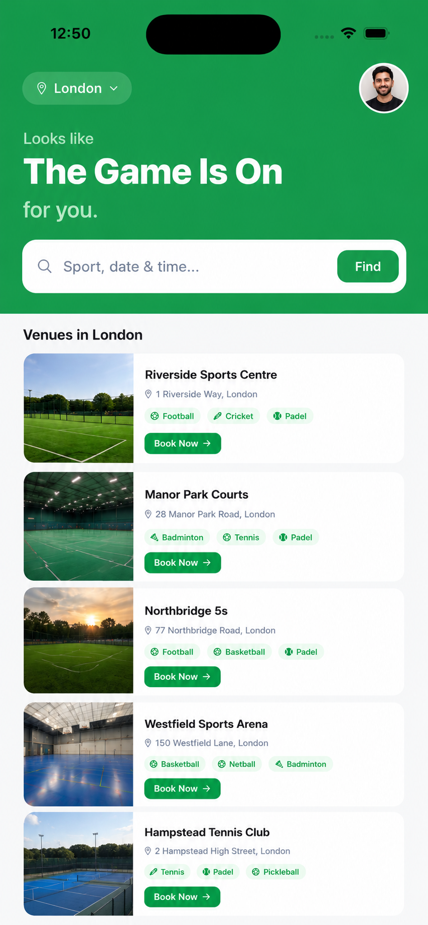 GameOn home screen — venues in London