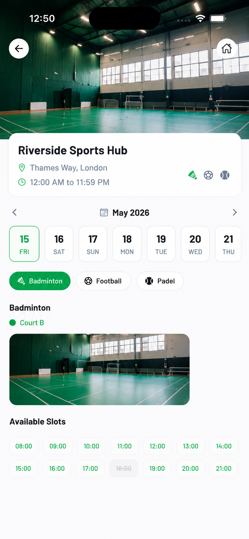 GameOn — available slots at the venue